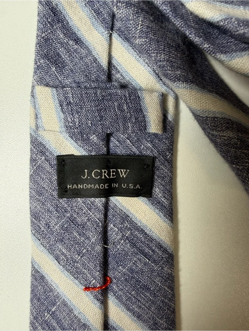 J. Crew Hand Made in USA 100% Linen Navy and White Striped Linen Slim Tie